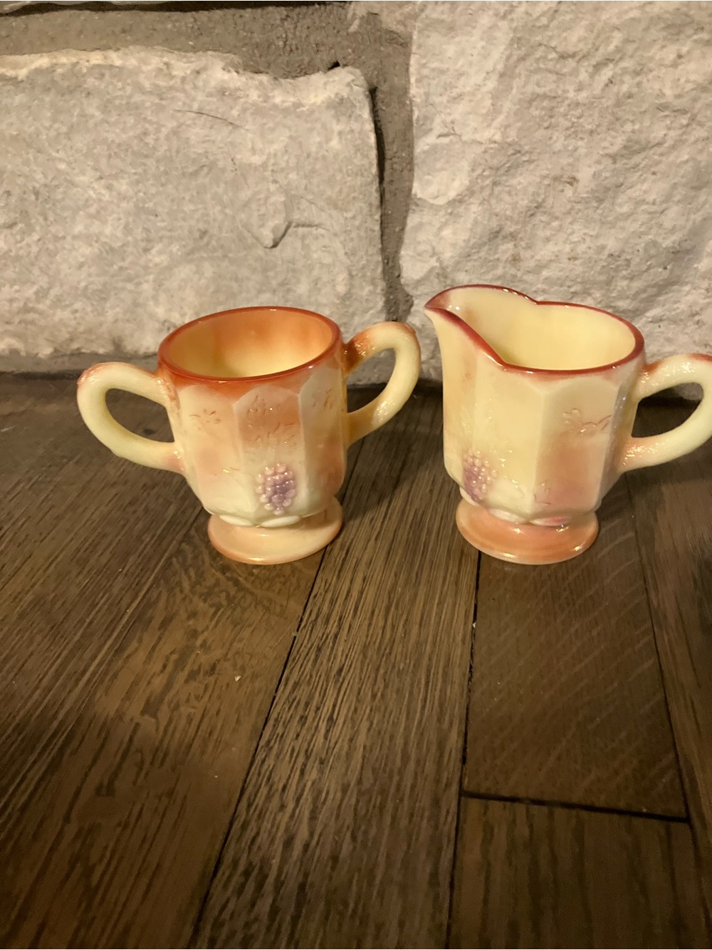 Vintage Kanawha Peach Sunset Swirl Slag Glass Cream & Sugar Set Multi-Toned - Picture 2 of 16